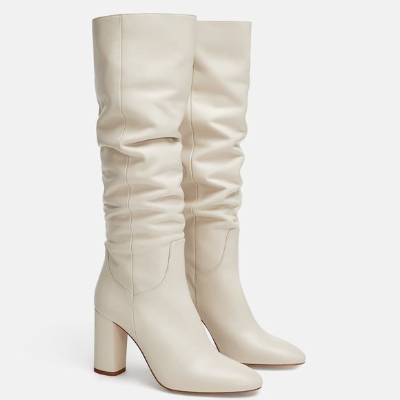 Zara | Shoes | Zara Cream Leather Heeled Boots High Leg Slouchy Size 7 |  Poshmark
